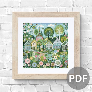 May include: A colorful illustration of a small town with houses, trees, and flowers. The houses are painted in shades of blue, green, and yellow, and the flowers are in shades of pink, purple, and red.