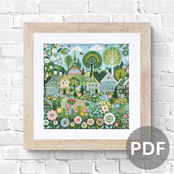 Village Cross Stitch Pattern houses pdf instant download folk art town counted cross stitch pattern whimsical full coverage large