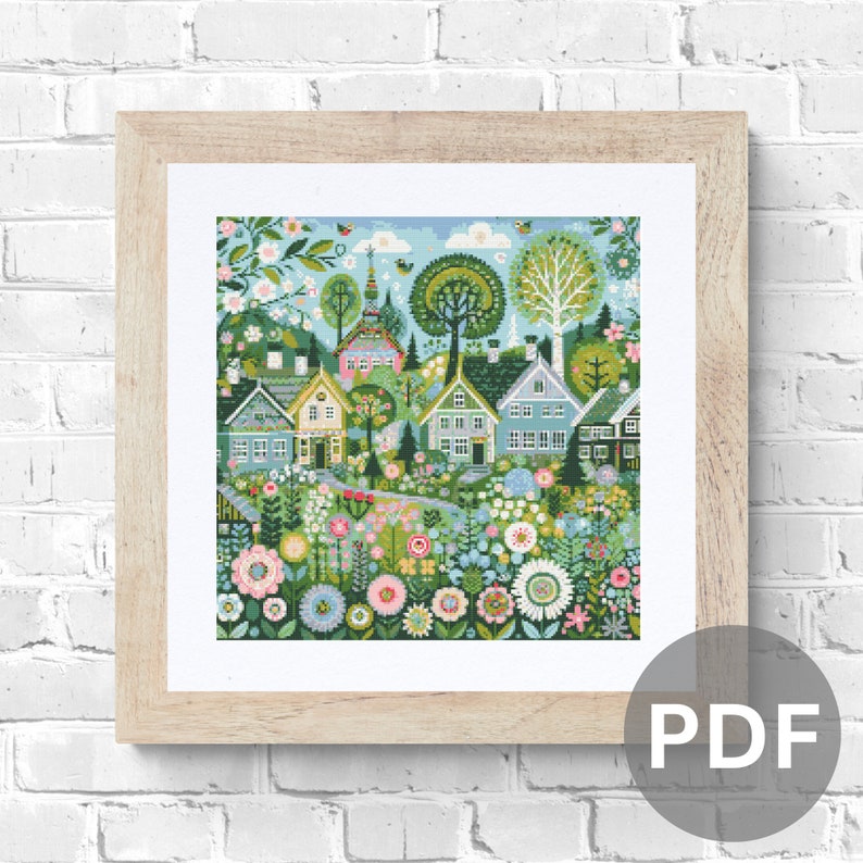 May include: A colorful illustration of a small town with houses, trees, and flowers. The houses are painted in shades of blue, green, and yellow, and the flowers are in shades of pink, purple, and red.