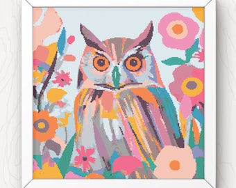 Kruissteekpatroon kleurrijke uil: modern vogelontwerp (pdf-download)