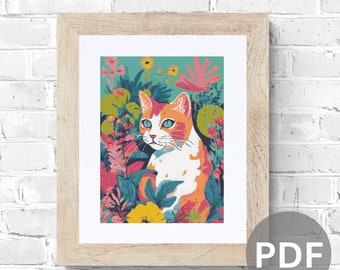 Tabby Cat Cross Stitch Pattern colourful pdf instant download pop art cat counted cross stitch pattern modern full coverage 148x200 stitches