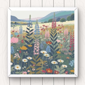 Wilde bloemenweide kruissteekpatroon gedempte kleuren modern bloemen pdf download grillig botanisch telpatroon groot