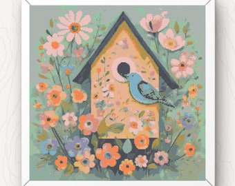 Birdhouse Cross Stitch Pattern: Folk Art Floral Design (PDF Download)