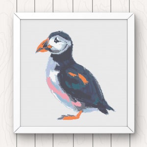 Puffin Cross Stitch Pattern modern pdf instant digital download quirky bird sketch counted cross stitch chart coastal