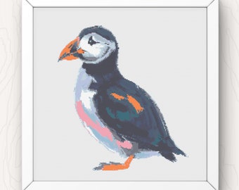 Puffin Cross Stitch Pattern modern pdf instant digital download quirky bird sketch counted cross stitch chart coastal