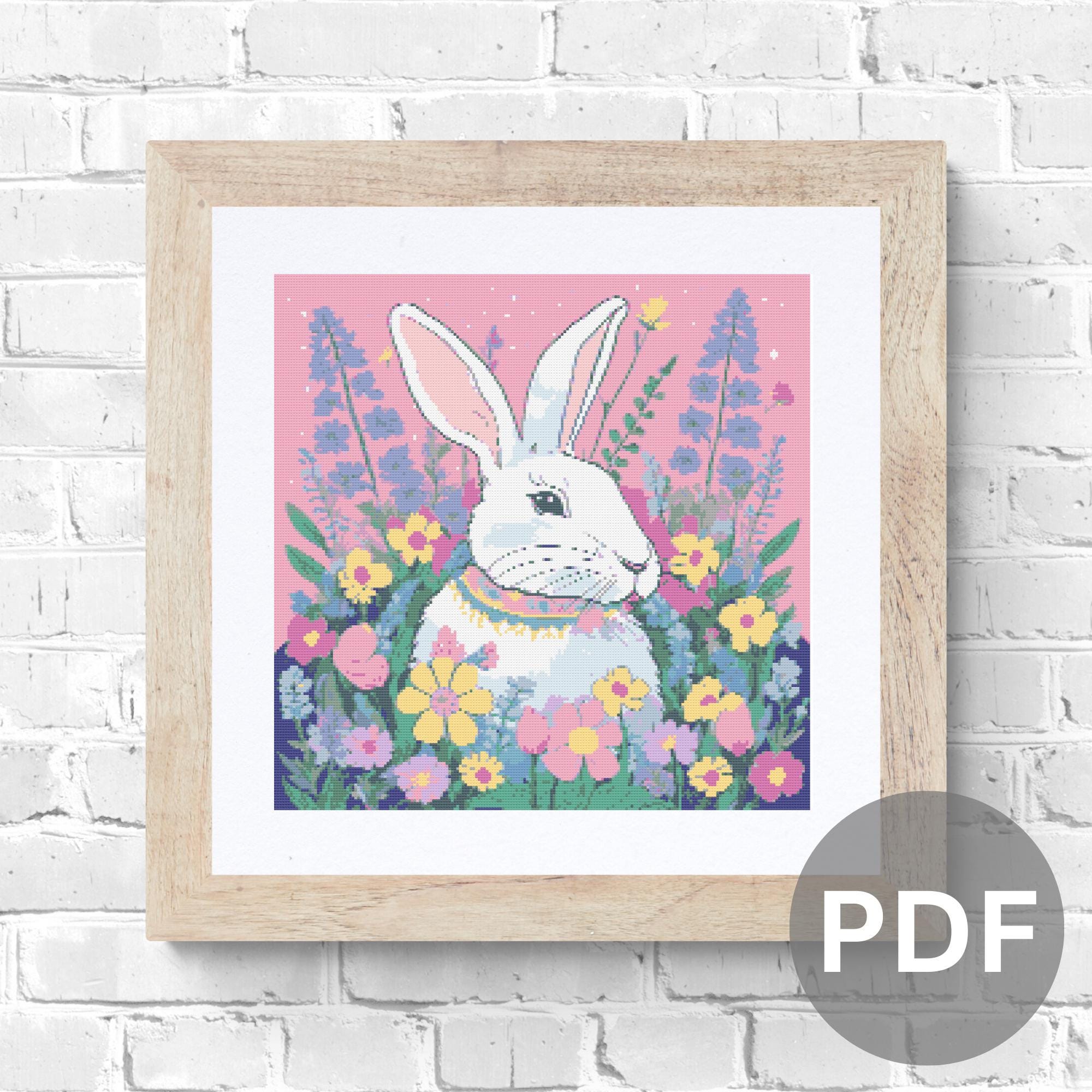 White Rabbit Cross Stitch Pattern: Colorful Floral Bunny (PDF Digital ...