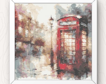 Kruissteekpatroon rode telefooncel: aquarel Londen (pdf-patroon)