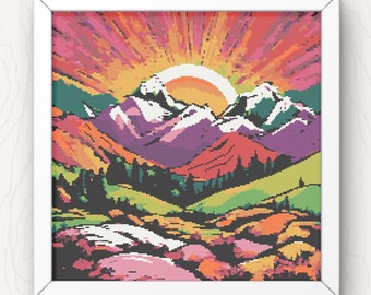 Mountain Sunrise Cross Stitch Pattern: Colorful Landscape (PDF Pattern)
