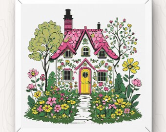 Cottage Cross Stitch Pattern: Whimsical Floral House (PDF Download)