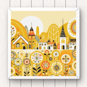 Könnte beinhalten: Ein Kreuzstichmuster mit einer gelben und orangenen Stadtlandschaft mit Häusern, Bäumen und Blumen. Das Design ist im Retro-Stil mit geometrischen Formen und kräftigen Farben gehalten.