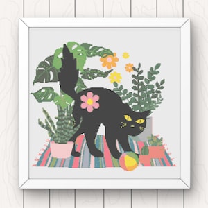 Retro Cat and Plants Cross Stitch Pattern: Floral Home Decor (PDF Download)