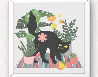 Patrón de punto de cruz de gato y plantas retro: Decoración floral para el hogar (Descargar PDF)