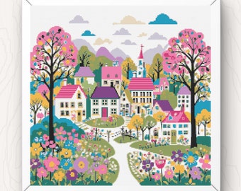 Whimsical Village Cross Stitch Pattern: Folk Art Town (PDF Download)