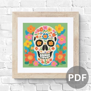 Skull Cross Stitch Pattern floral pdf instant download folk art skull counted cross stitch pattern full coverage 150 x 150stitches