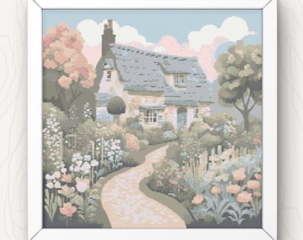 Cottage Garden Cross Stitch Pattern: Modern Folk Art House (PDF Pattern)