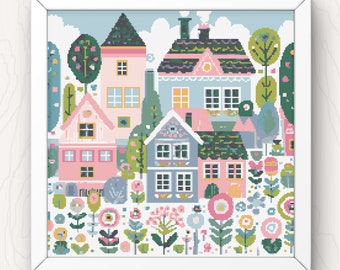 Village Cross Stitch Pattern houses and flowers pdf instant download folk art town counted cross stitch chart whimsical full coverage large