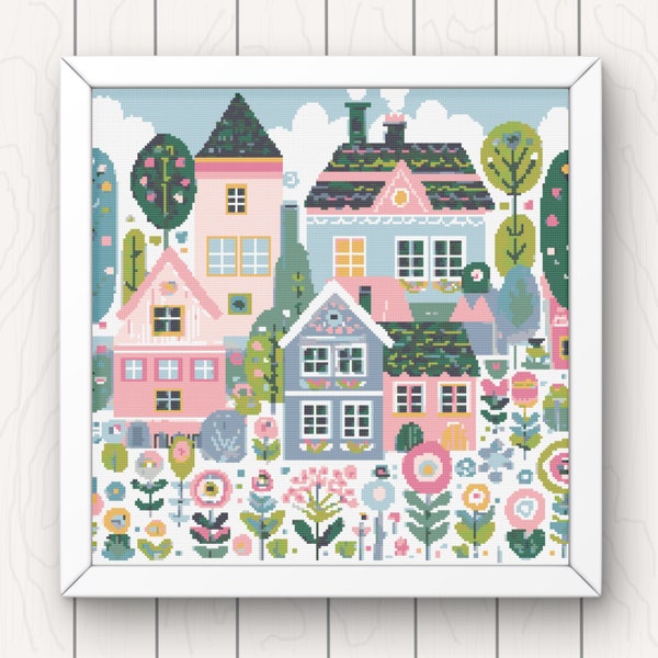 Village Cross Stitch Pattern houses and flowers pdf instant download folk art town counted cross stitch chart whimsical full coverage large