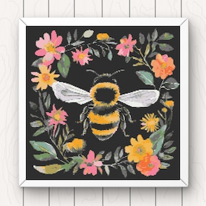Bumble Bee & Flowers Cross Stitch Pattern: Modern Insect Design (PDF Download)