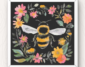 Bumble Bee & Flowers Cross Stitch Pattern: Modern Insect Design (PDF Download)