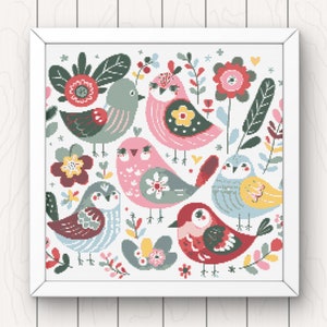 Grillige vogels kruissteekpatroon schattig modern helder kleurrijk pdf instant download dierengeteld kruissteekdiagram volledige dekking
