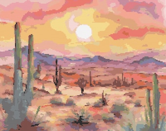 Desert Sunrise Cross Stitch Pattern: Cactus Landscape (PDF Download)