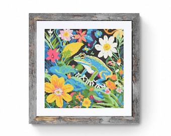 Frog and Flowers Cross Stitch Pattern: Colorful Floral Design (PDF Pattern)