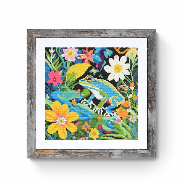 Frog Cross Stitch pattern colourful cross stitch pattern frog and flowers