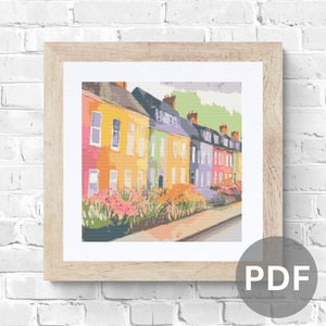 Motif de point de croix village coloré : maisons Cottagecore (téléchargement PDF)