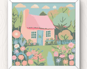 Cottage Garden Cross Stitch Pattern: Colorful Cottagecore House (PDF Download)