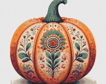 Folk Art Pumpkin Cross Stitch Pattern: Colorful Halloween Fall (PDF Digital Download)