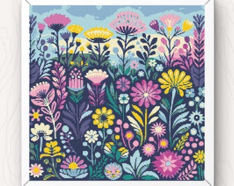 Wildflower Meadow Cross Stitch Pattern: Floral Watercolor Landscape (PDF Pattern)