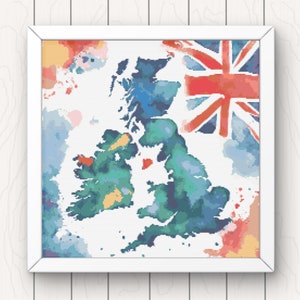 UK Map Cross Stitch Pattern watercolour Great Britain map with Union Jack pdf instant download chart full coverage large