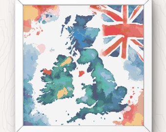 Mapa do Reino Unido em ponto cruz padrão aquarela mapa da Grã-Bretanha com Union Jack pdf gráfico de download instantâneo cobertura completa grande