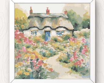 Thatched Cottage Cross Stitch Pattern: Watercolor Garden (PDF Download)