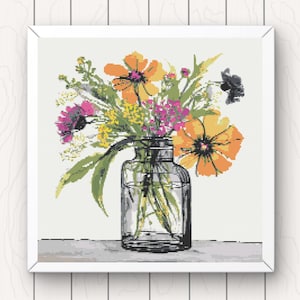 Patrón de punto de cruz de flores silvestres, acuarela floral, descarga instantánea en formato PDF, gráfico de patrón de punto de cruz contado de naturaleza muerta, cobertura completa