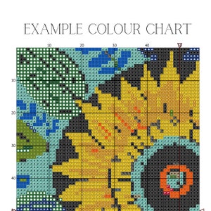 May include: A colour chart for cross stitch or needlepoint projects. The chart shows a grid of squares with different colours, including green, blue, yellow, orange, and black. The chart is labelled with numbers from 10 to 40 along the top and side.