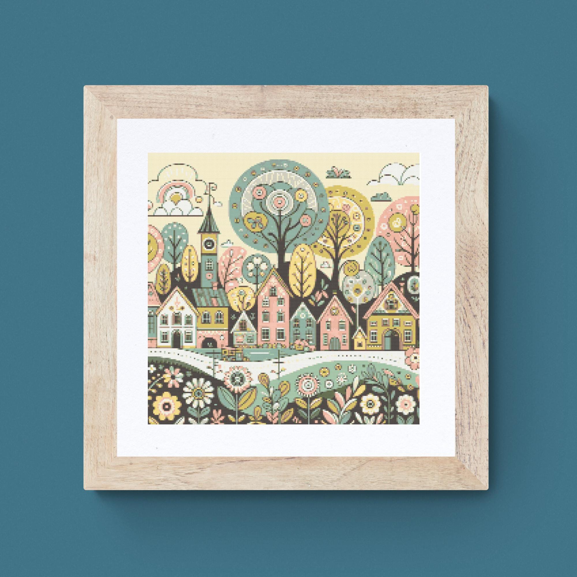 Village Cross Stitch Pattern: Folk Art Town Design (PDF Download) - Etsy
