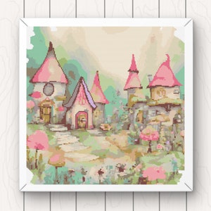 Fairy Houses Cross Stitch Pattern: Whimsical Watercolor Design (PDF Download)