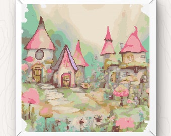Fairy Houses Cross Stitch Pattern: Whimsical Watercolor Design (PDF Download)