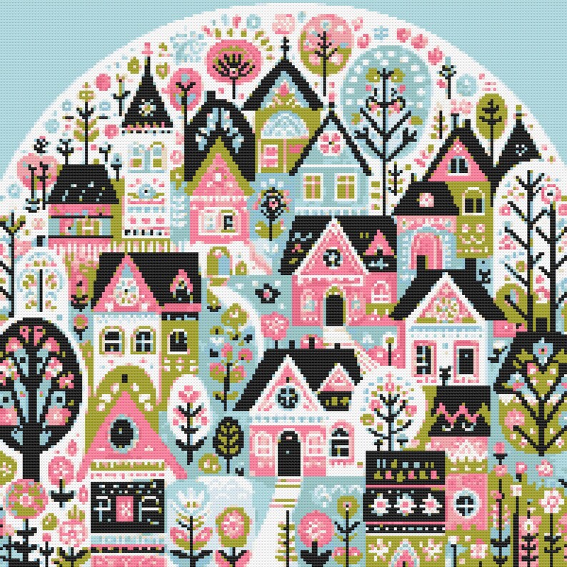 Folk Art Village Cross Stitch Pattern: Whimsical Town Design (PDF ...