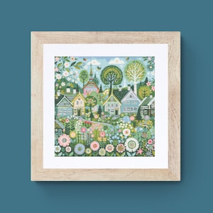 May include: A colorful illustration of a small town with houses, trees, and flowers. The houses are painted in shades of blue, green, and pink, and the trees are green with lush foliage. The flowers are in bloom and are a variety of colors, including pink, yellow, and purple.