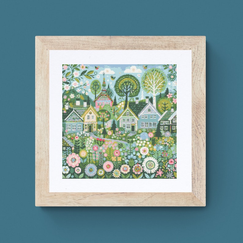 May include: A colorful illustration of a small town with houses, trees, and flowers. The houses are painted in shades of blue, green, and pink, and the trees are green with lush foliage. The flowers are in bloom and are a variety of colors, including pink, yellow, and purple.