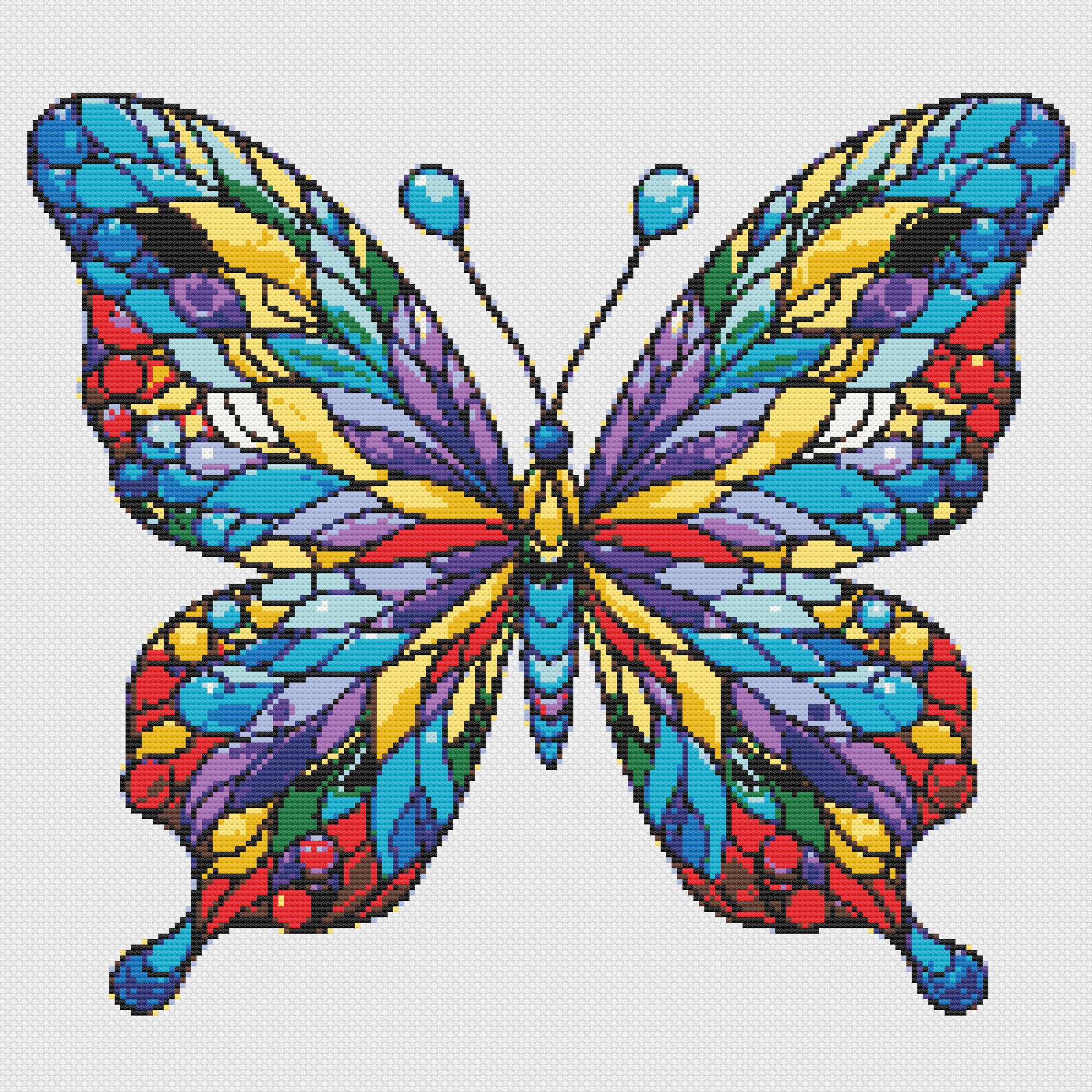 昆虫と花とイチゴ ヴィンテージ ステンドグラス 蜻蛉 ミツバチ 蝶々 蝶のクロスステッチパターン：ステンドグラスの昆虫デザイン（PDF