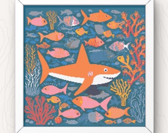 Shark Cross Stitch Pattern: Modern Colorful Design (Digital Download)