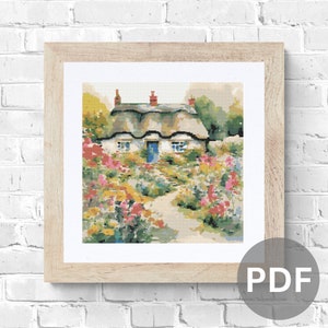 May include: A painting depicting a charming cottage with a thatched roof, nestled amidst a flourishing garden filled with vibrant pink, yellow, and green blooms. The cottage features a blue door and white walls, with a path winding through the garden.