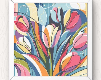 Tulips Cross Stitch Pattern: Modern Art Deco Floral (PDF Download)