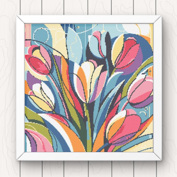 Tulipes motif point de croix moderne fleurs de printemps pdf téléchargement art déco abstrait floral point de croix graphique fleurs numérique grand