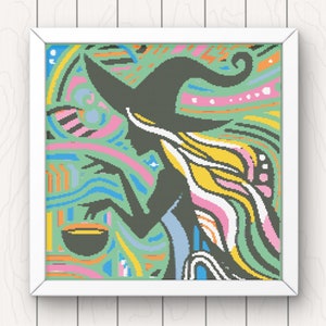 Witch Cross Stitch Pattern pdf instant download colourful witchy counted cross stitch pattern 200 x200 stitches