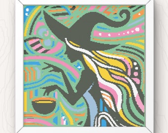 Colorful Witch Cross Stitch Pattern: Modern Witchy Design (PDF Download)