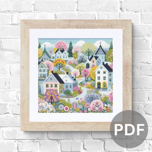 May include: A colorful cross-stitch pattern featuring a whimsical village scene with houses, trees, and flowers. The houses are painted in shades of blue, pink, and yellow, with white trim. The trees are green and have pink and purple flowers. The flowers are in shades of pink, purple, and yellow.